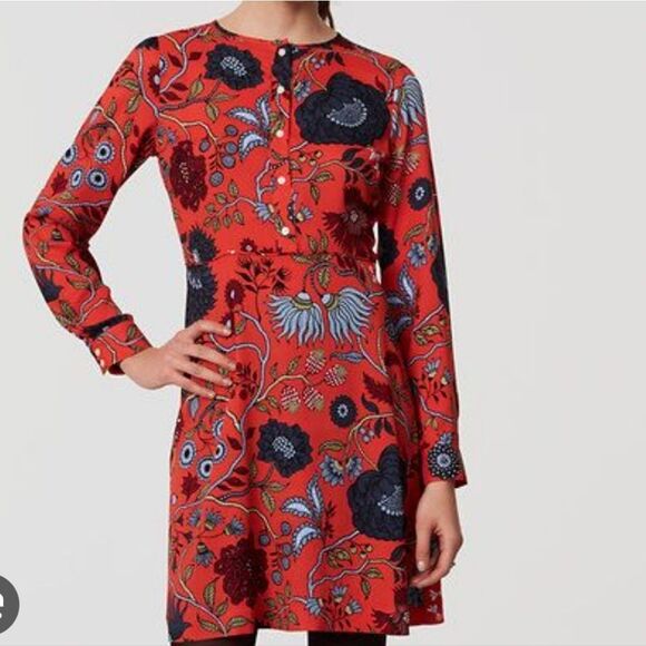 NWOT LOFT 8 Red Strawberry Floral Dress with Blue Accents Long Sleeves - Picture 1 of 9